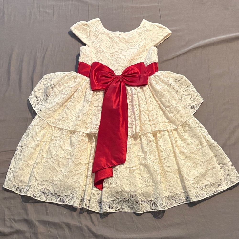 Elegant Kids Lace Dress with Red Bow